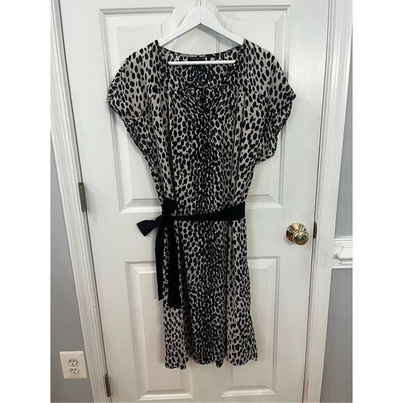 Talbots Cap Sleeve Belted Abstract Leopard Print V-Neck Midi Dress sz 16 EUC - Picture 1 of 7